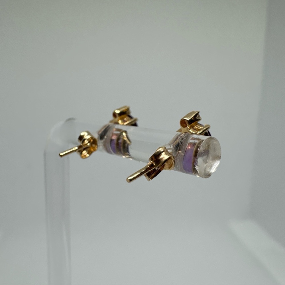 Beautiful 14k Yellow Gold Oval Amethyst and Diamond Stud Post Earrings - Picture 5 of 10